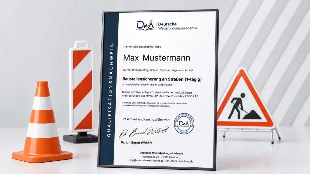 Teilnahmezertifikat einer RSA Schulung mit Verkehrssicherungs-Elementen